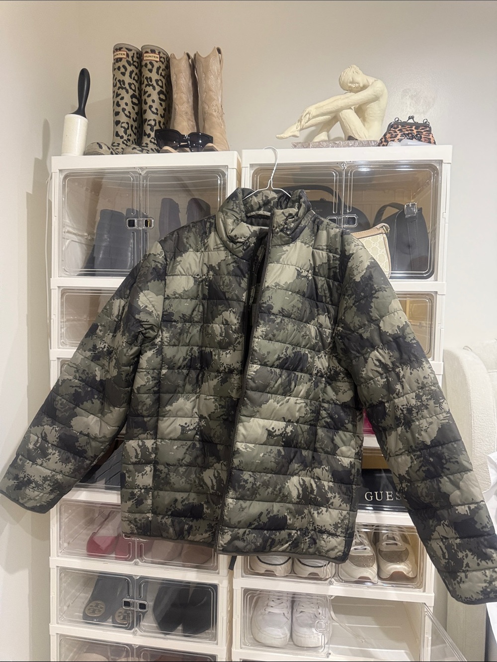Camouflage Quilted Puffer Jacket - Olive Green